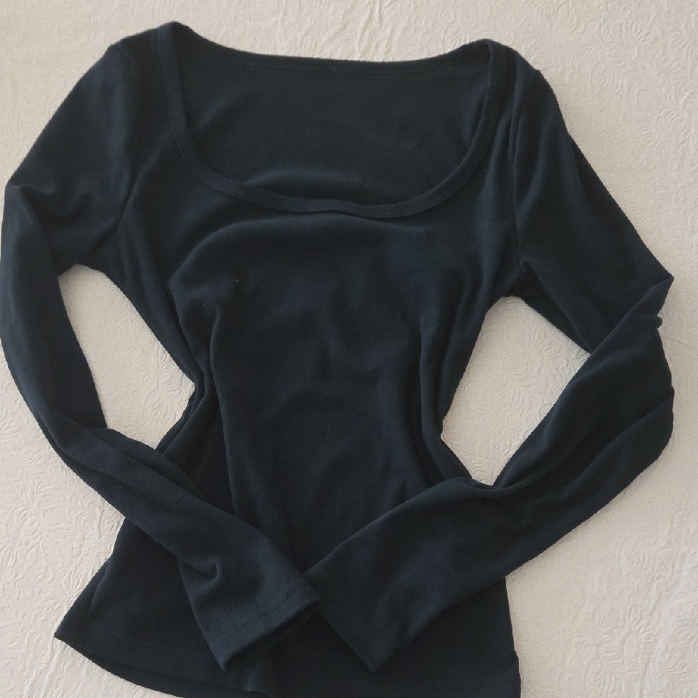 Elegant Dark Green Long Sleeve Square Neckline Top